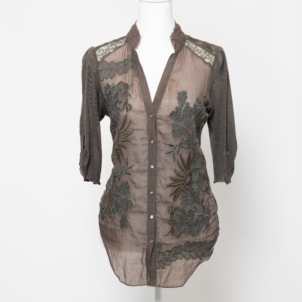 Anthropologie Sheer Embroidered Button Down by Tiny